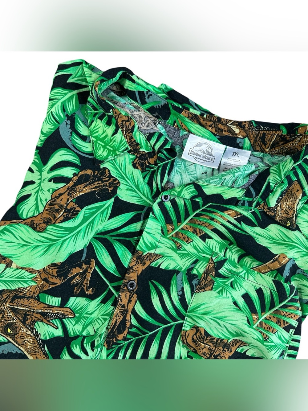 Jurassic World Dinosaur Tropical Hawaiian Camp Shirt Men’s 3XL Rayon Button Up